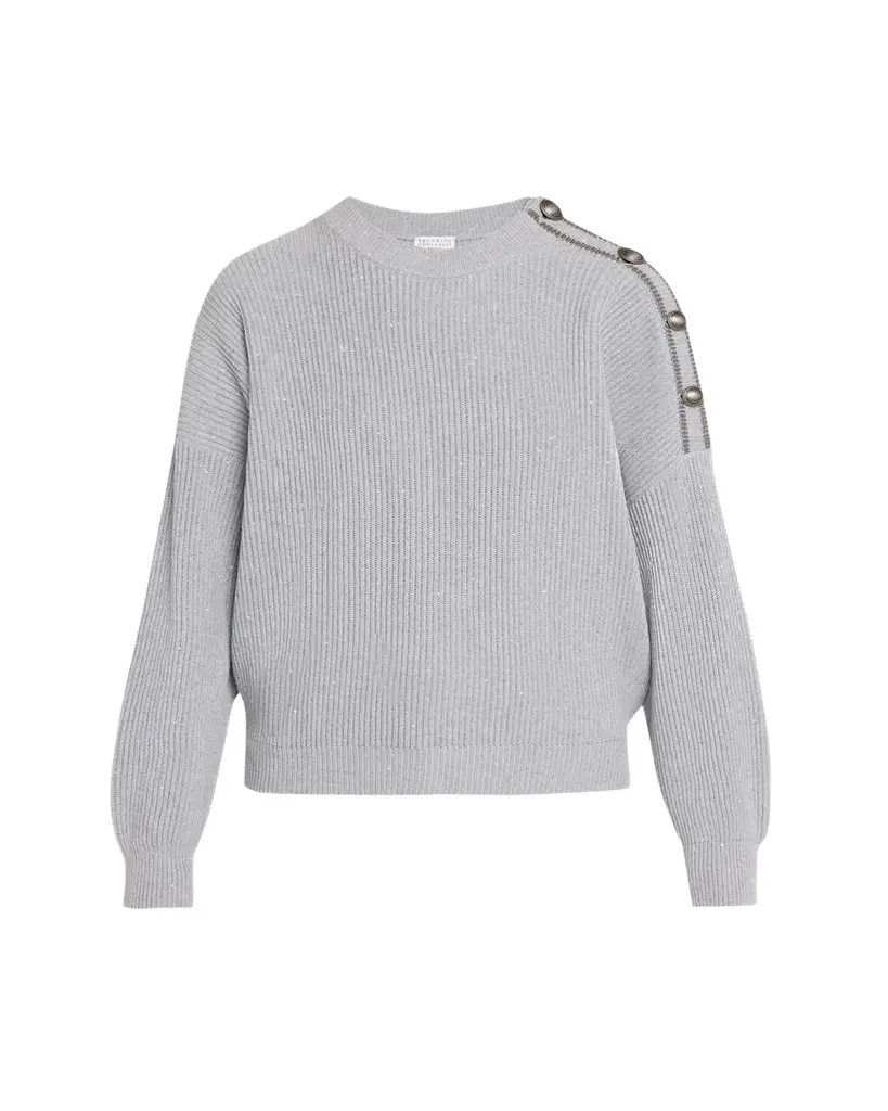 Brunello Cucinelli Sporty Button-Shoulder Cotton Diamante Crewneck Sweater