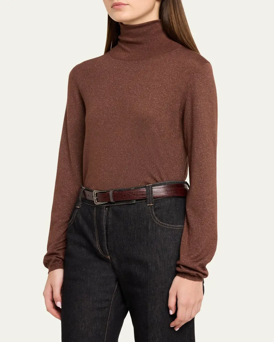 Brunello Cucinelli Shimmering Cashmere-Silk Knit Turtleneck Sweater | Thumbnail 4