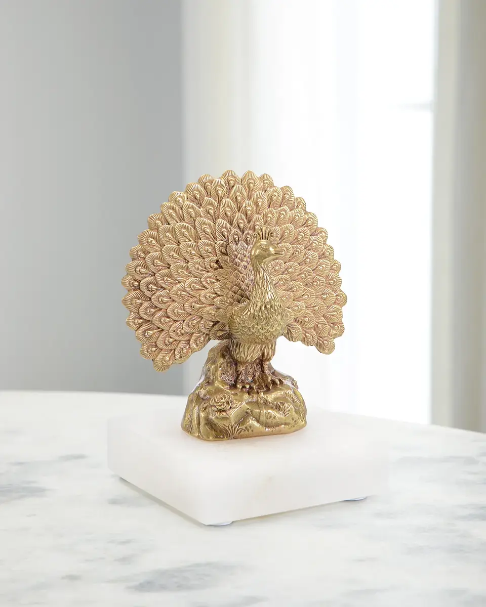 John-Richard Collection Brass Peacock Sculpture on Alabaster