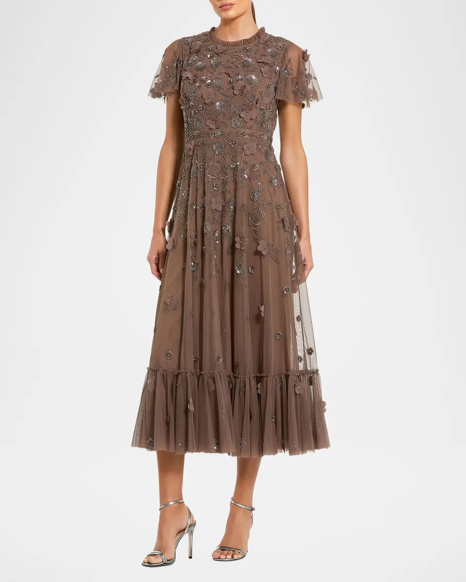 Mac Duggal Sequin Floral Applique Tulle Midi Dress | Thumbnail 2 Mac Duggal Sequin Floral Applique Tulle Midi Dress | Thumbnail 2