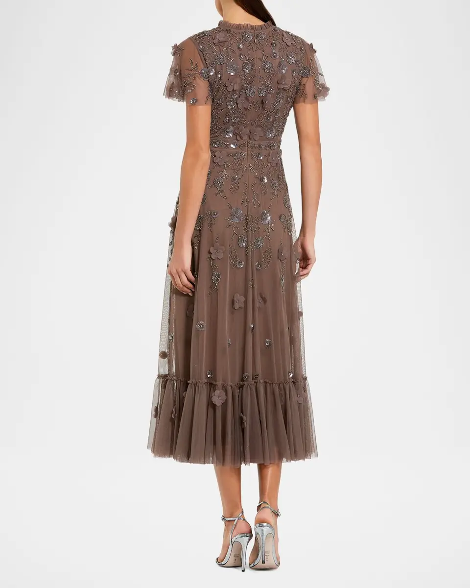 Mac Duggal Sequin Floral Applique Tulle Midi Dress | Thumbnail 3 Mac Duggal Sequin Floral Applique Tulle Midi Dress | Thumbnail 3