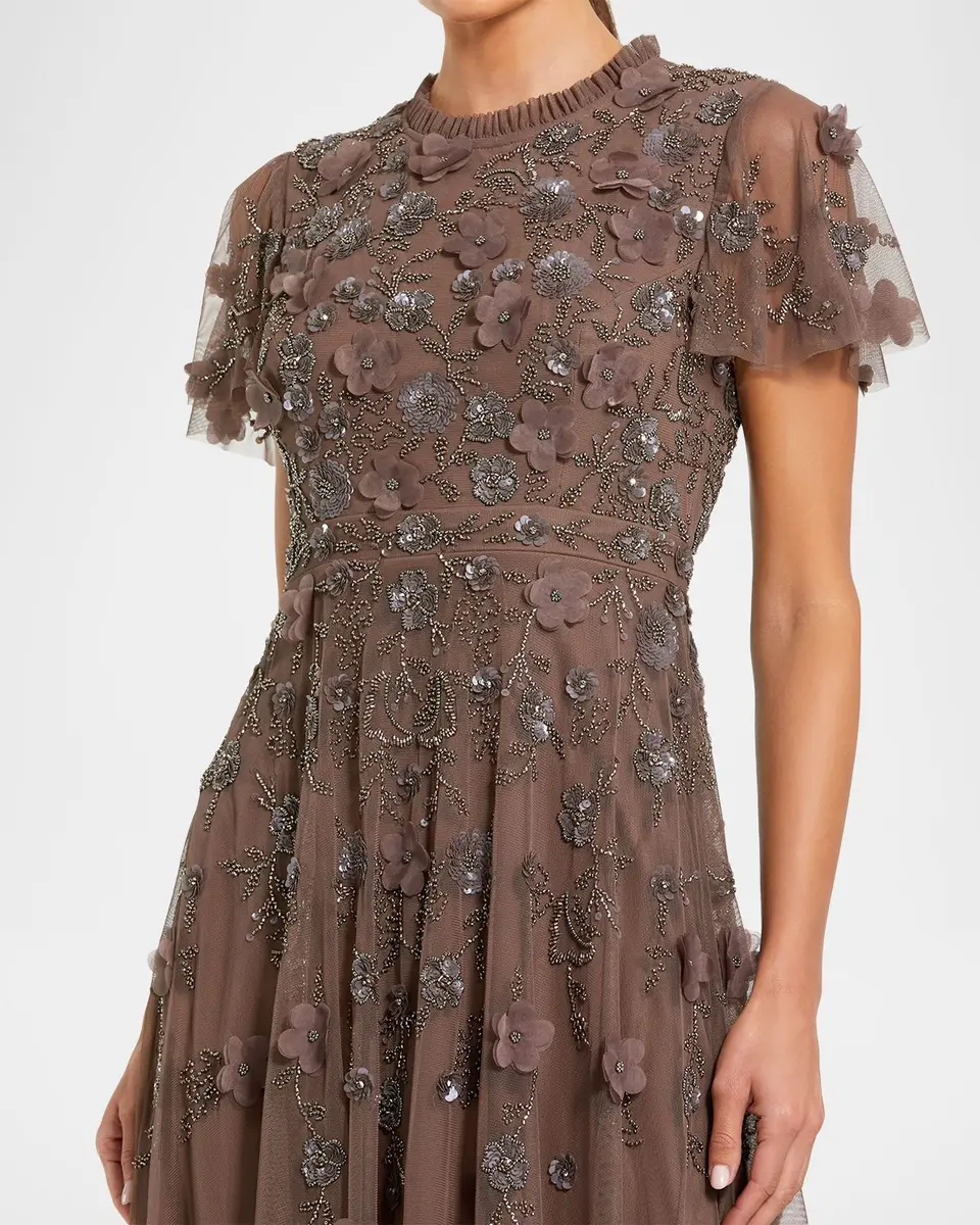 Mac Duggal Sequin Floral Applique Tulle Midi Dress | Thumbnail 4 Mac Duggal Sequin Floral Applique Tulle Midi Dress | Thumbnail 4