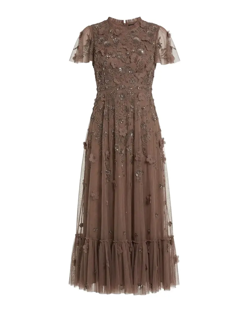 Mac Duggal Sequin Floral Applique Tulle Midi Dress