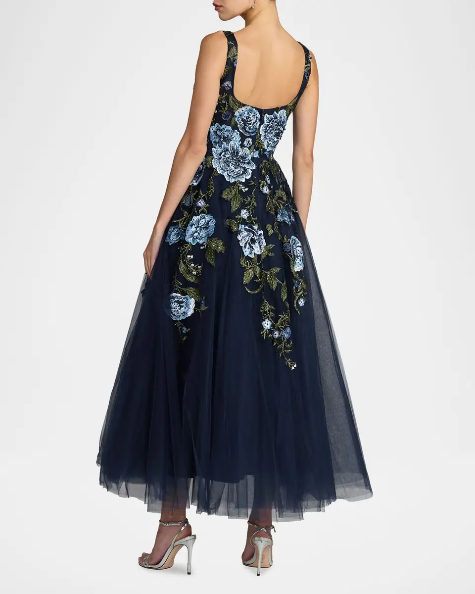 Mac Duggal Floral Embroidered Tulle Tea-Length Cocktail Dress | Thumbnail 2 Mac Duggal Floral Embroidered Tulle Tea-Length Cocktail Dress | Thumbnail 2