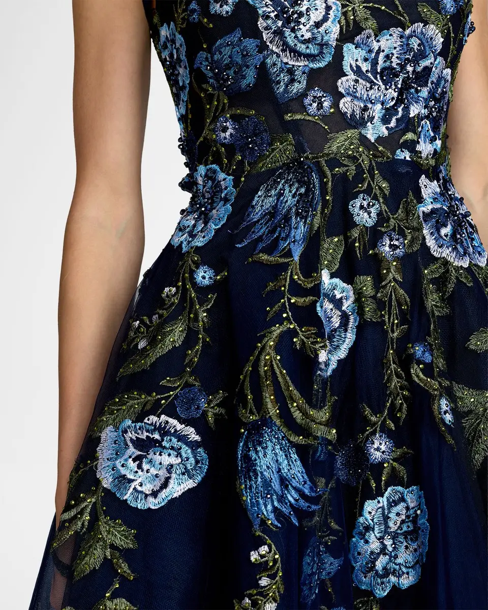 Mac Duggal Floral Embroidered Tulle Tea-Length Cocktail Dress | Thumbnail 3 Mac Duggal Floral Embroidered Tulle Tea-Length Cocktail Dress | Thumbnail 3