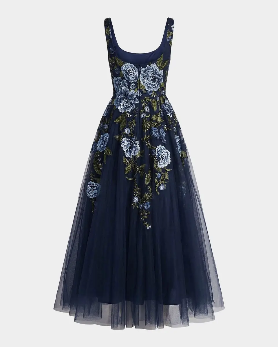Mac Duggal Floral Embroidered Tulle Tea-Length Cocktail Dress | Thumbnail 5 Mac Duggal Floral Embroidered Tulle Tea-Length Cocktail Dress | Thumbnail 5