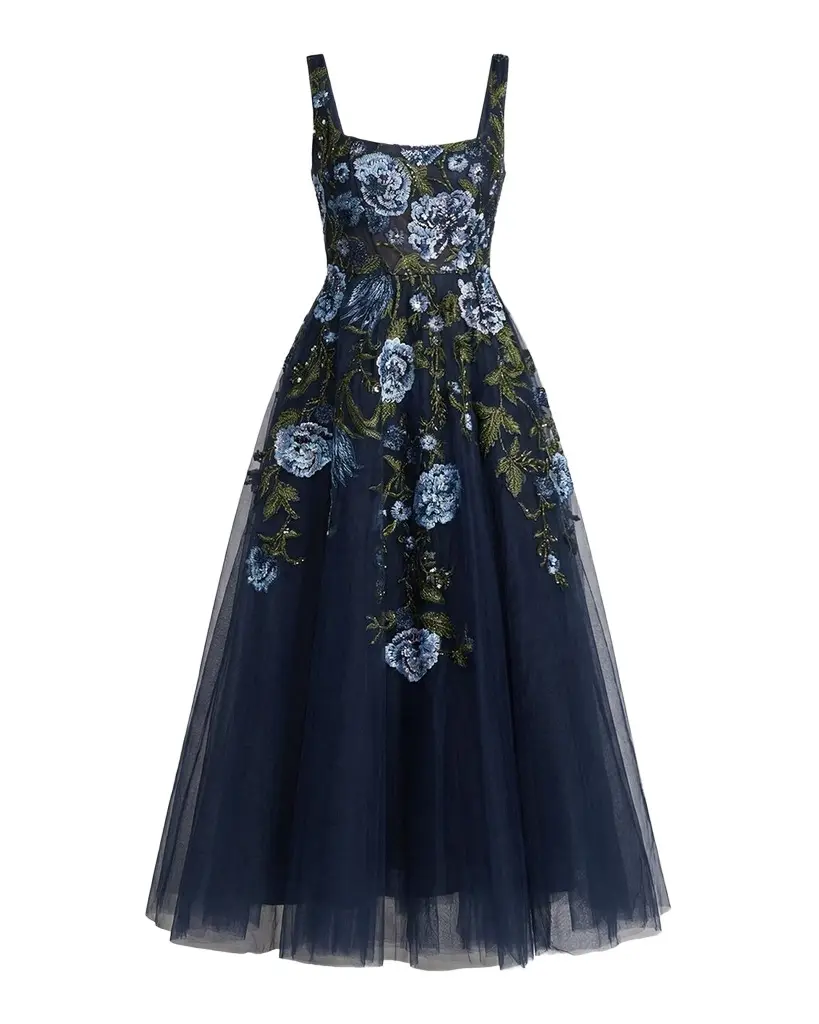 Mac Duggal Floral Embroidered Tulle Tea-Length Cocktail Dress