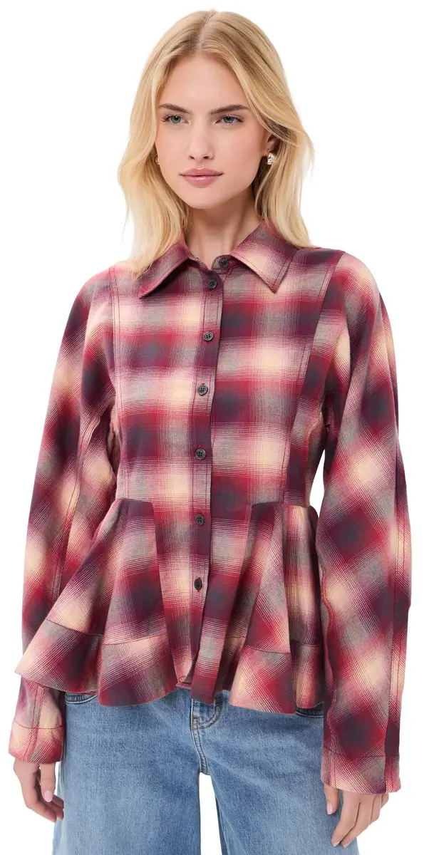 Ganni Cotton Flannel Check Peplum Shirt
