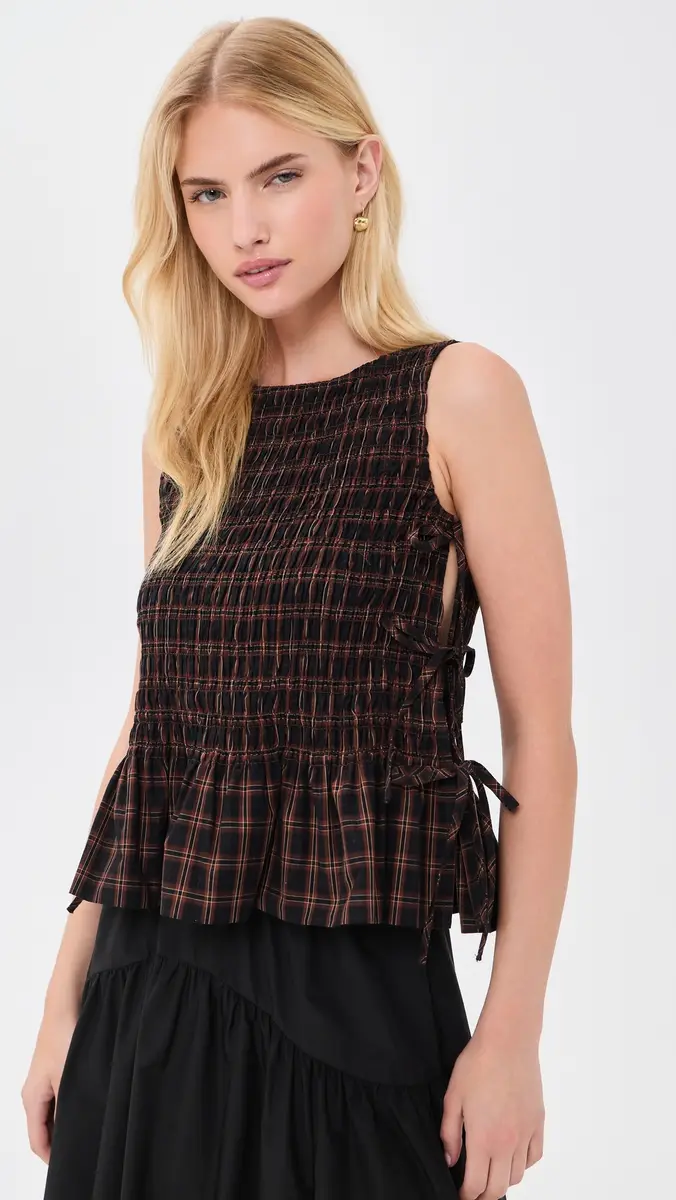 Ganni Smocked Check Tie Top | Thumbnail 2 Ganni Smocked Check Tie Top | Thumbnail 2