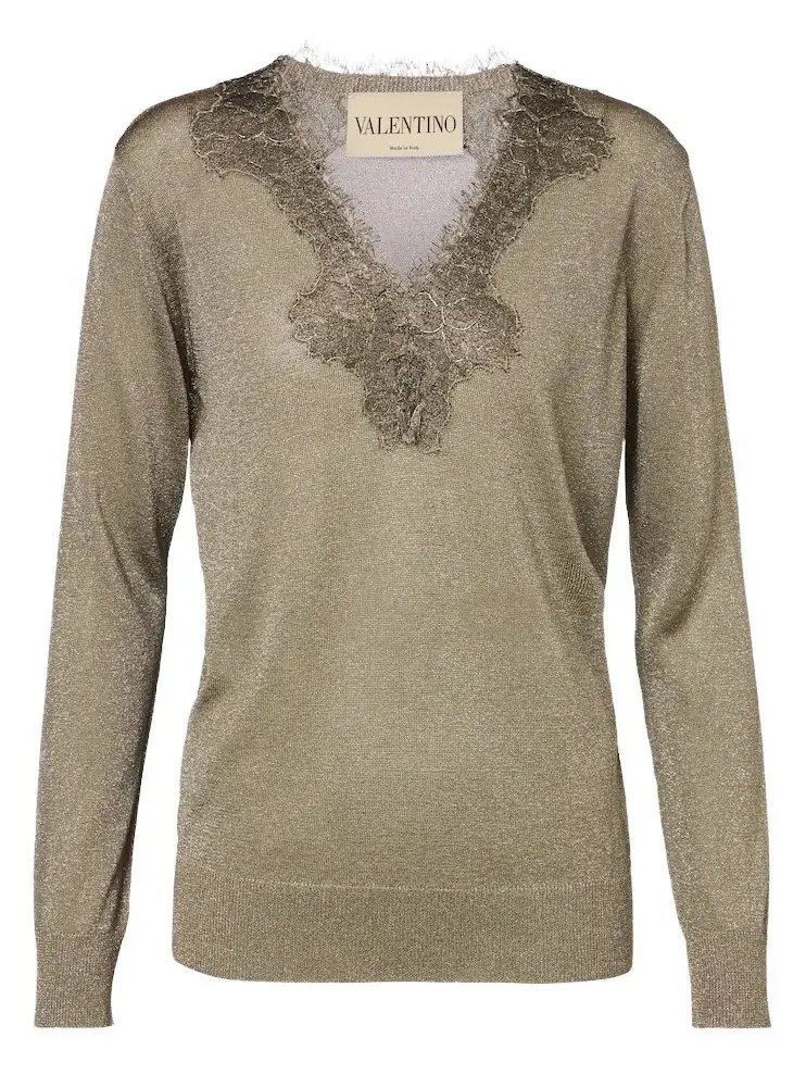 Lace-trimmed lamé sweater Lace-trimmed lamé sweater