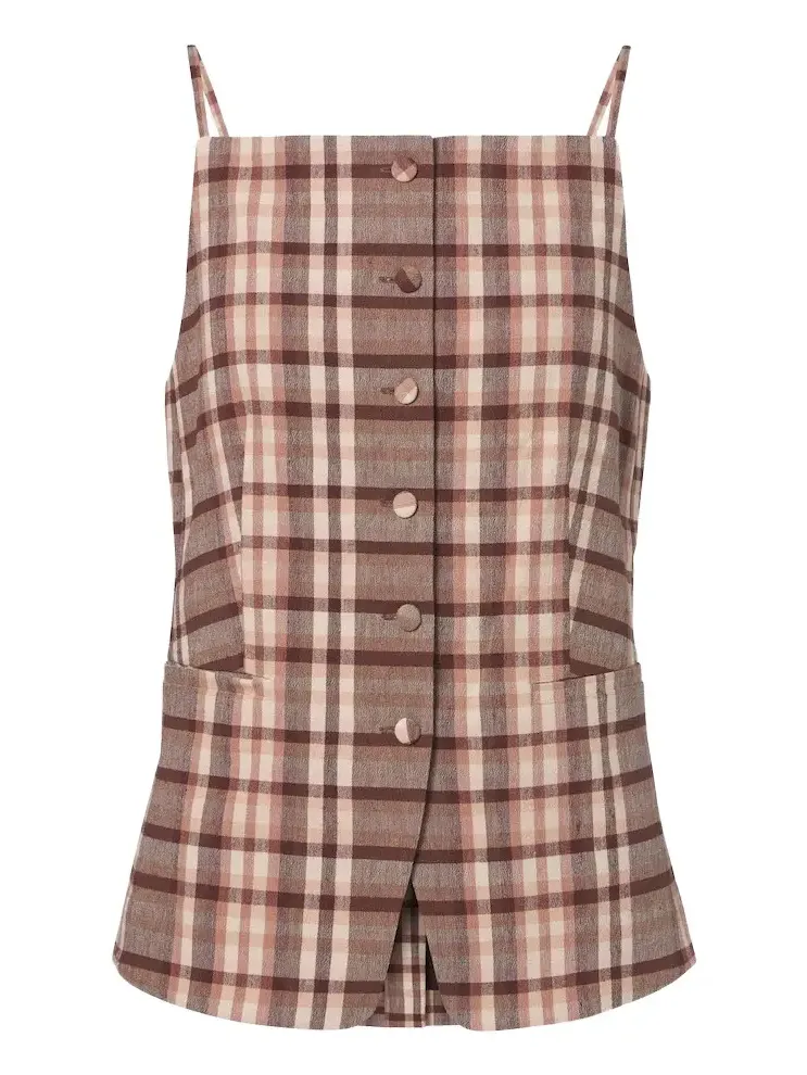 Una plaid linen-blend top