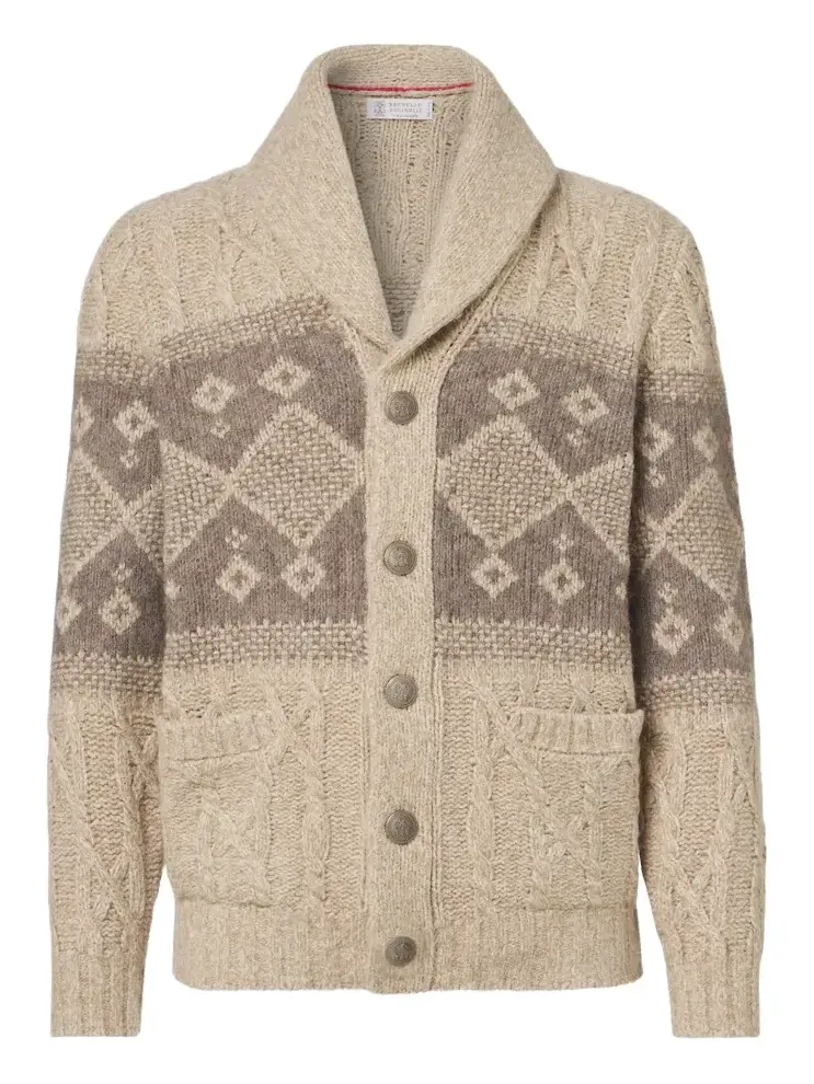 Brunello Cucinelli Intarsia wool, silk, and cashmere cardigan