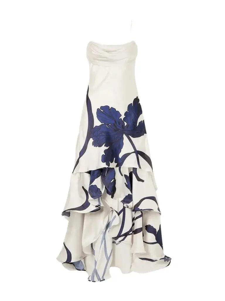 ANDRES OTALORA Inoportuna Printed Ruched Ruffled Satin Maxi Dress | Image 1 ANDRES OTALORA Inoportuna Printed Ruched Ruffled Satin Maxi Dress | Image 1