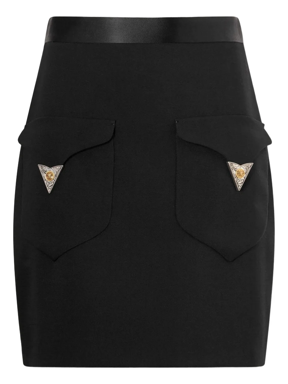 Medusa-embellished Silk-trimmed Wool-blend Mini Skirt