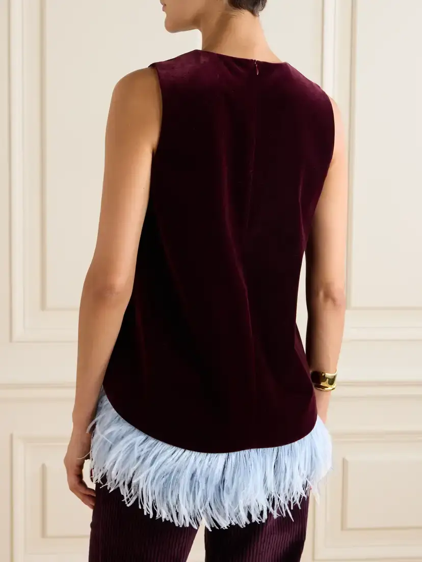 La DoubleJ Icon La Scala Feather-trimmed Cotton-velvet Top | Thumbnail 3 La DoubleJ Icon La Scala Feather-trimmed Cotton-velvet Top | Thumbnail 3
