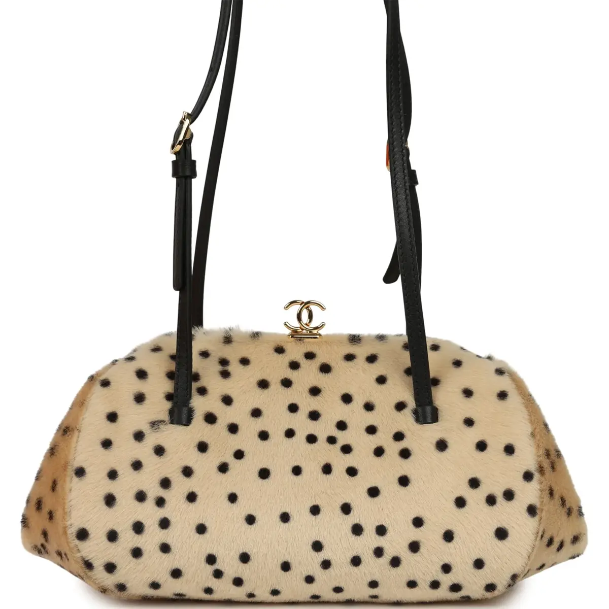 Chanel Cheetah Print Clutch with Leather Straps Light Beige Calf Hair, Black Leather Gold Hardware