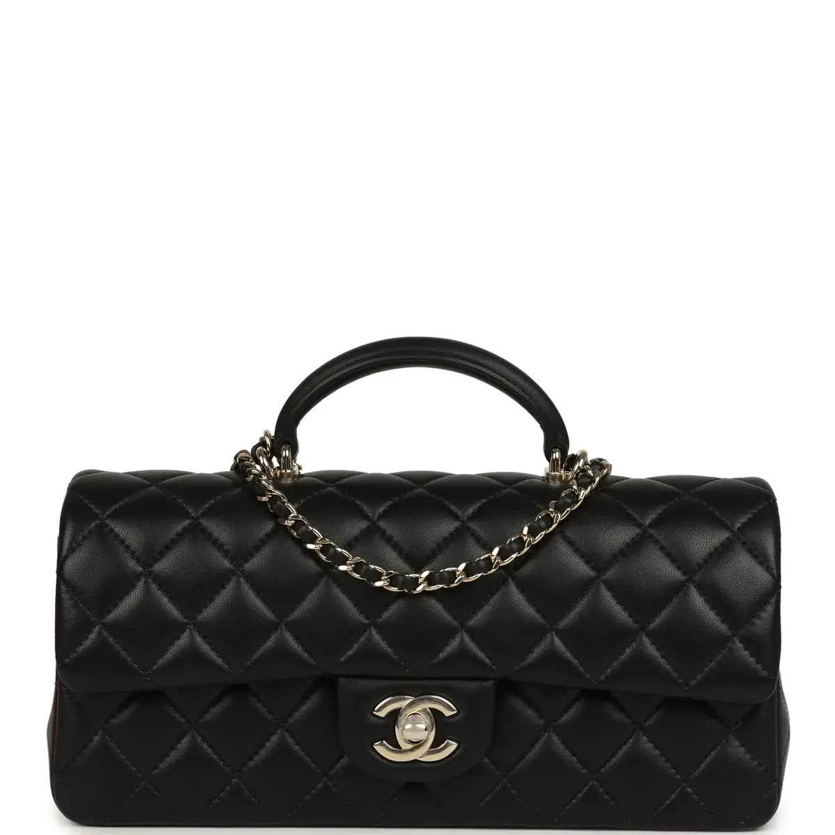 Chanel Chanel Classic Top Handle Long Flap Bag Black Lambskin Light Gold Hardware | Image 1 Chanel Chanel Classic Top Handle Long Flap Bag Black Lambskin Light Gold Hardware | Image 1