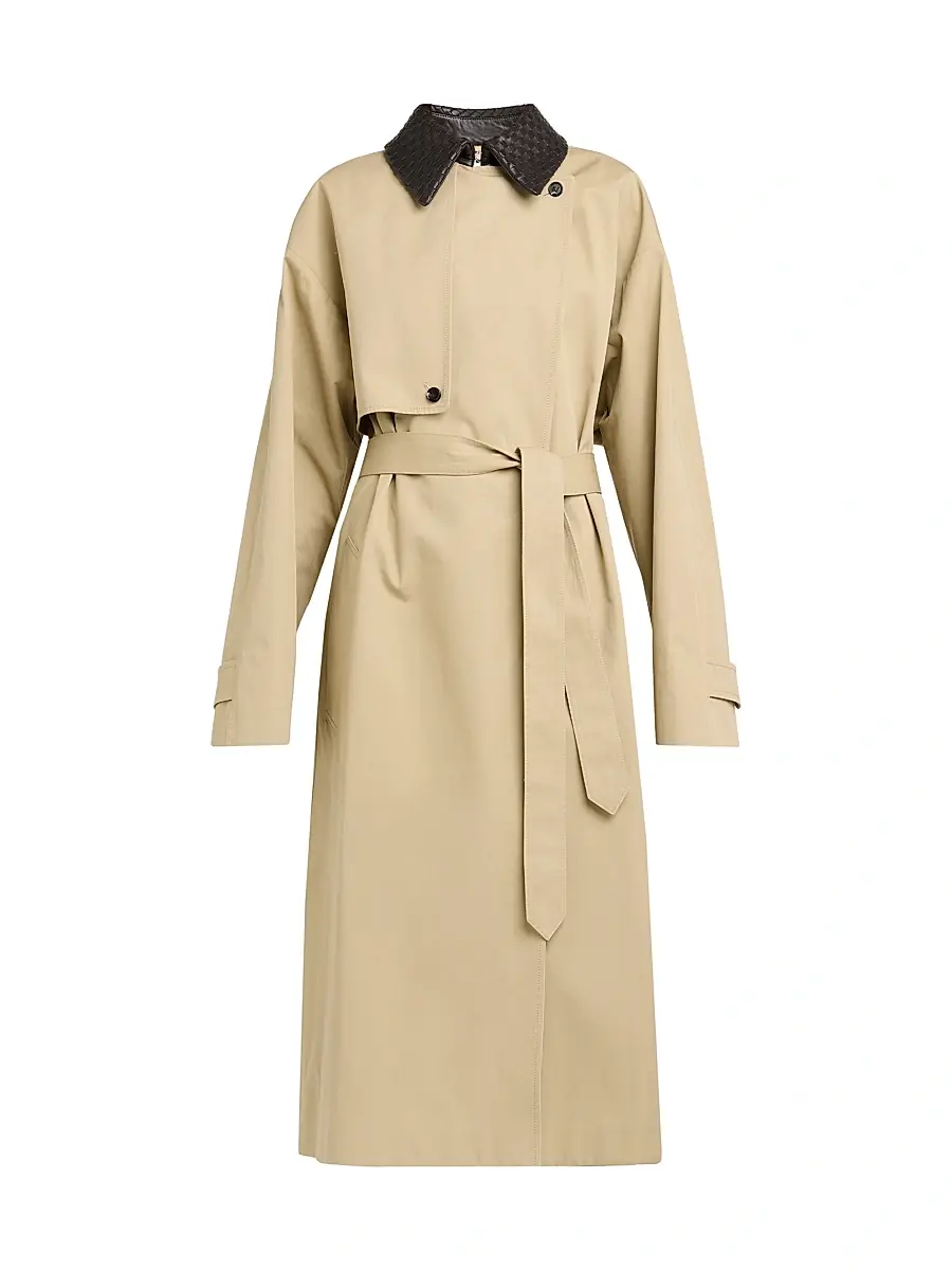 Bottega Veneta Women's Intrecciato-Collar Water-Repellent Trench Coat - Brown Multi - Size 10 | Image 1 Bottega Veneta Women's Intrecciato-Collar Water-Repellent Trench Coat - Brown Multi - Size 10 | Image 1