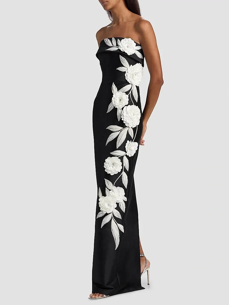 BADGLEY MISCHKA Women's Floral-Embroidered Stretch Mikado Column Gown | Thumbnail 2