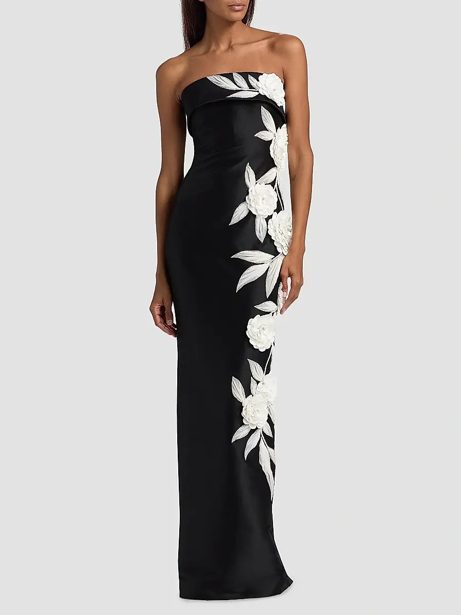 BADGLEY MISCHKA Women's Floral-Embroidered Stretch Mikado Column Gown | Thumbnail 3