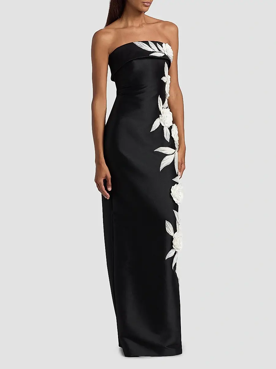 BADGLEY MISCHKA Women's Floral-Embroidered Stretch Mikado Column Gown | Thumbnail 4