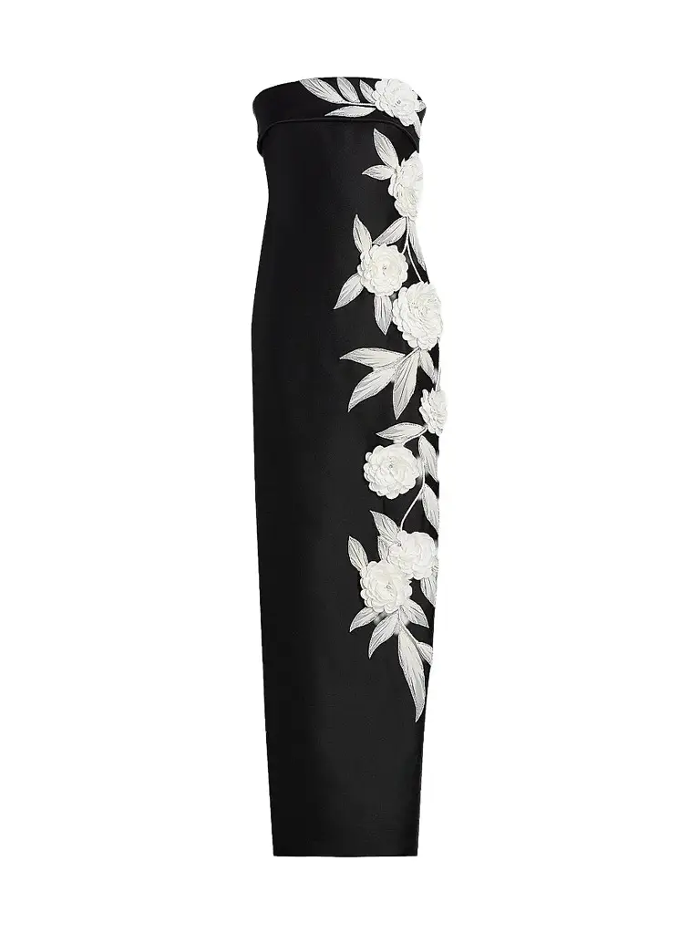 BADGLEY MISCHKA Women's Floral-Embroidered Stretch Mikado Column Gown - Black White - Size 4 | Image 1 BADGLEY MISCHKA Women's Floral-Embroidered Stretch Mikado Column Gown - Black White - Size 4 | Image 1