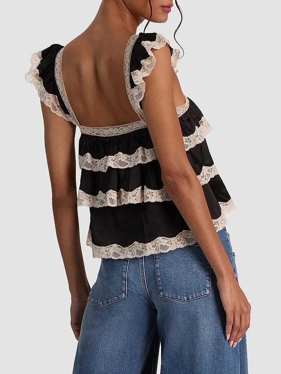 Alice + Olivia Women's Sylvie Tiered Lace Flutter Crop Top | Thumbnail 3