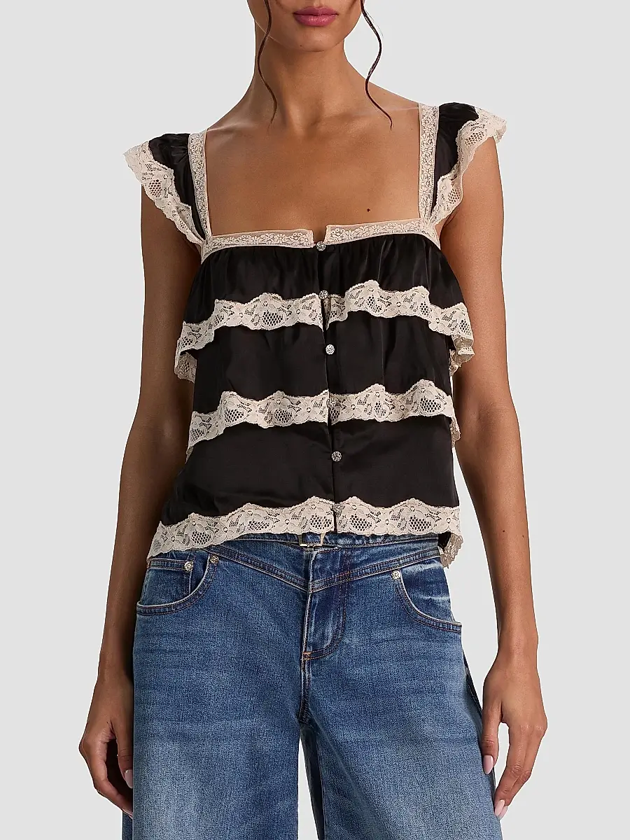 Alice + Olivia Women's Sylvie Tiered Lace Flutter Crop Top | Thumbnail 4