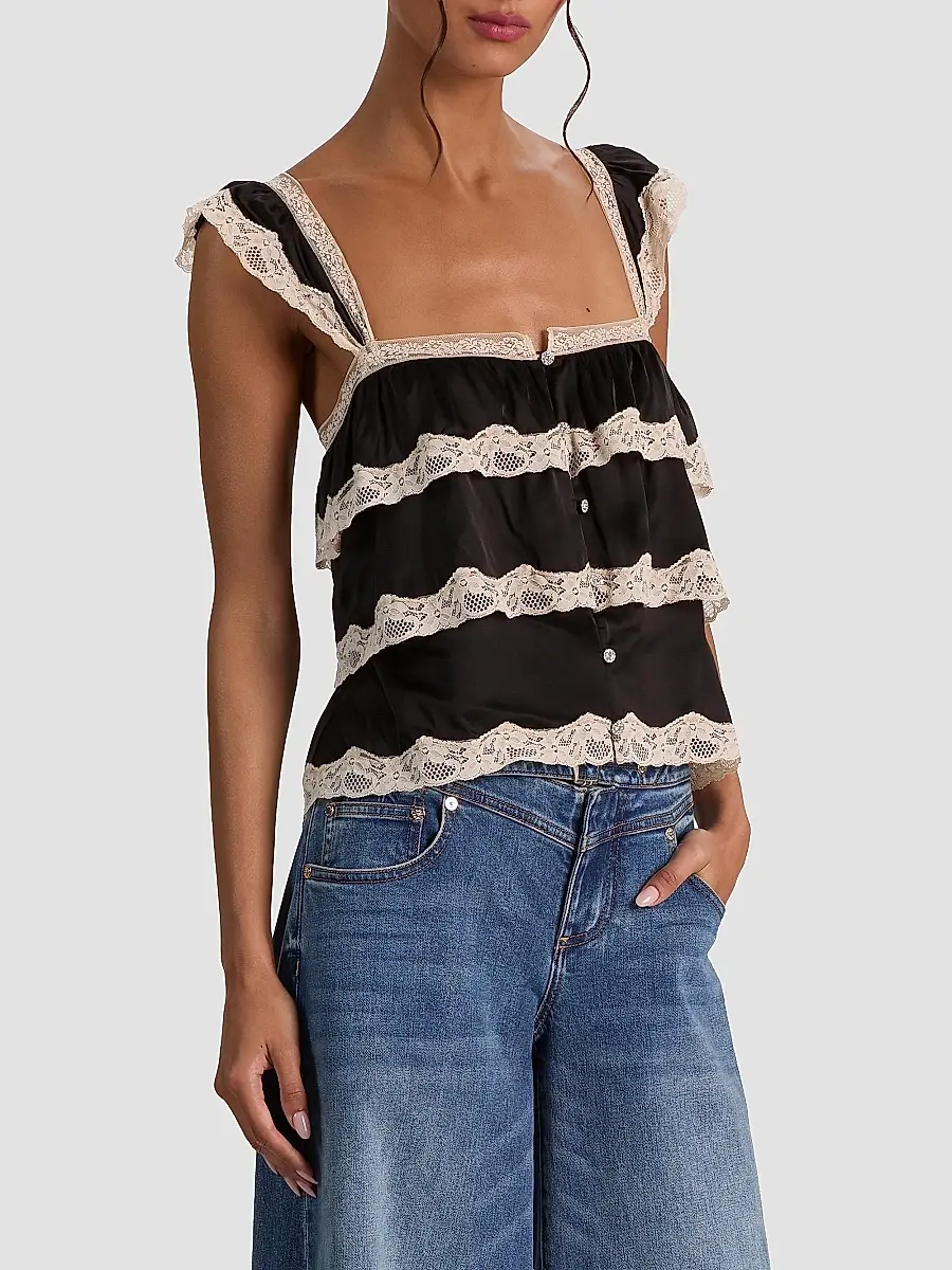 Alice + Olivia Women's Sylvie Tiered Lace Flutter Crop Top | Thumbnail 6