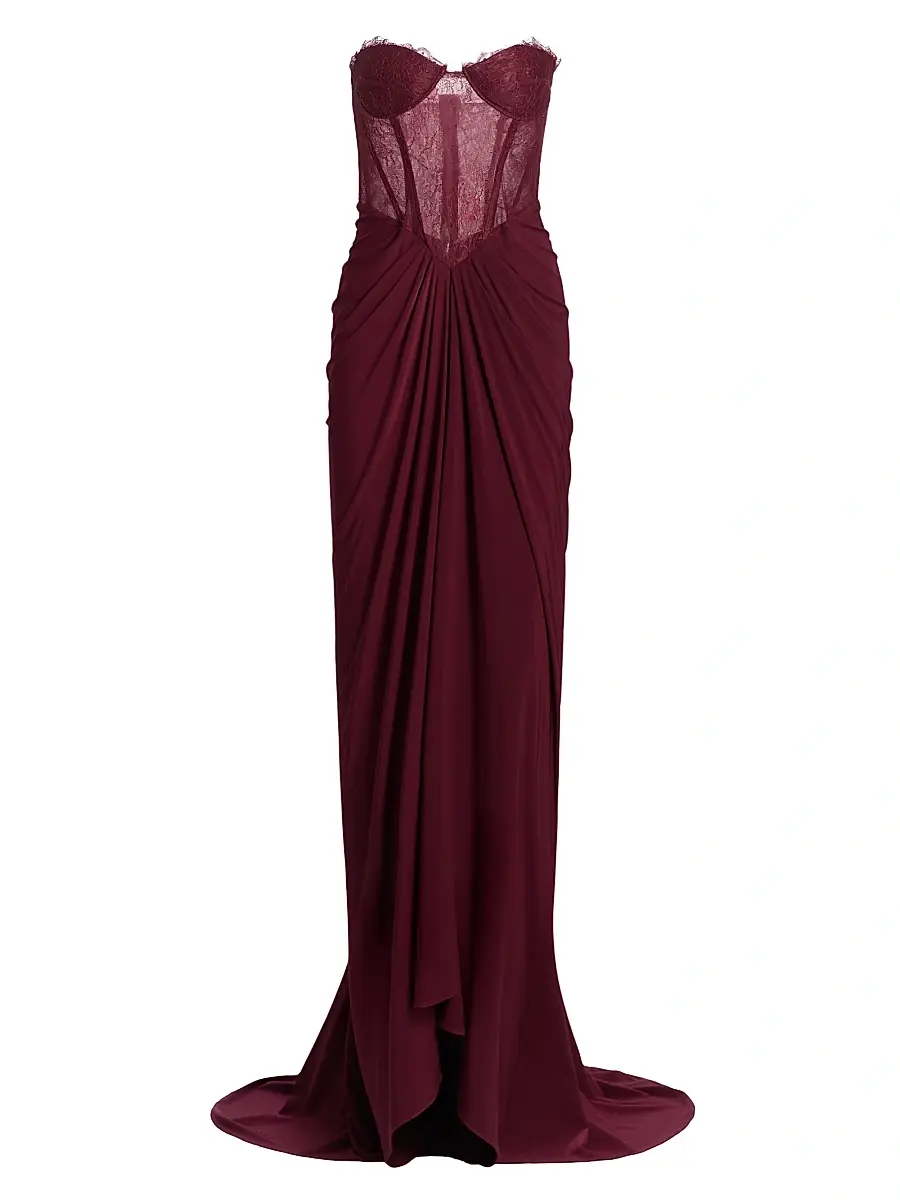 BCBGMAXAZRIA Women's Lace & Jersey Strapless Gown - Cabernet | Image 1 BCBGMAXAZRIA Women's Lace & Jersey Strapless Gown - Cabernet | Image 1