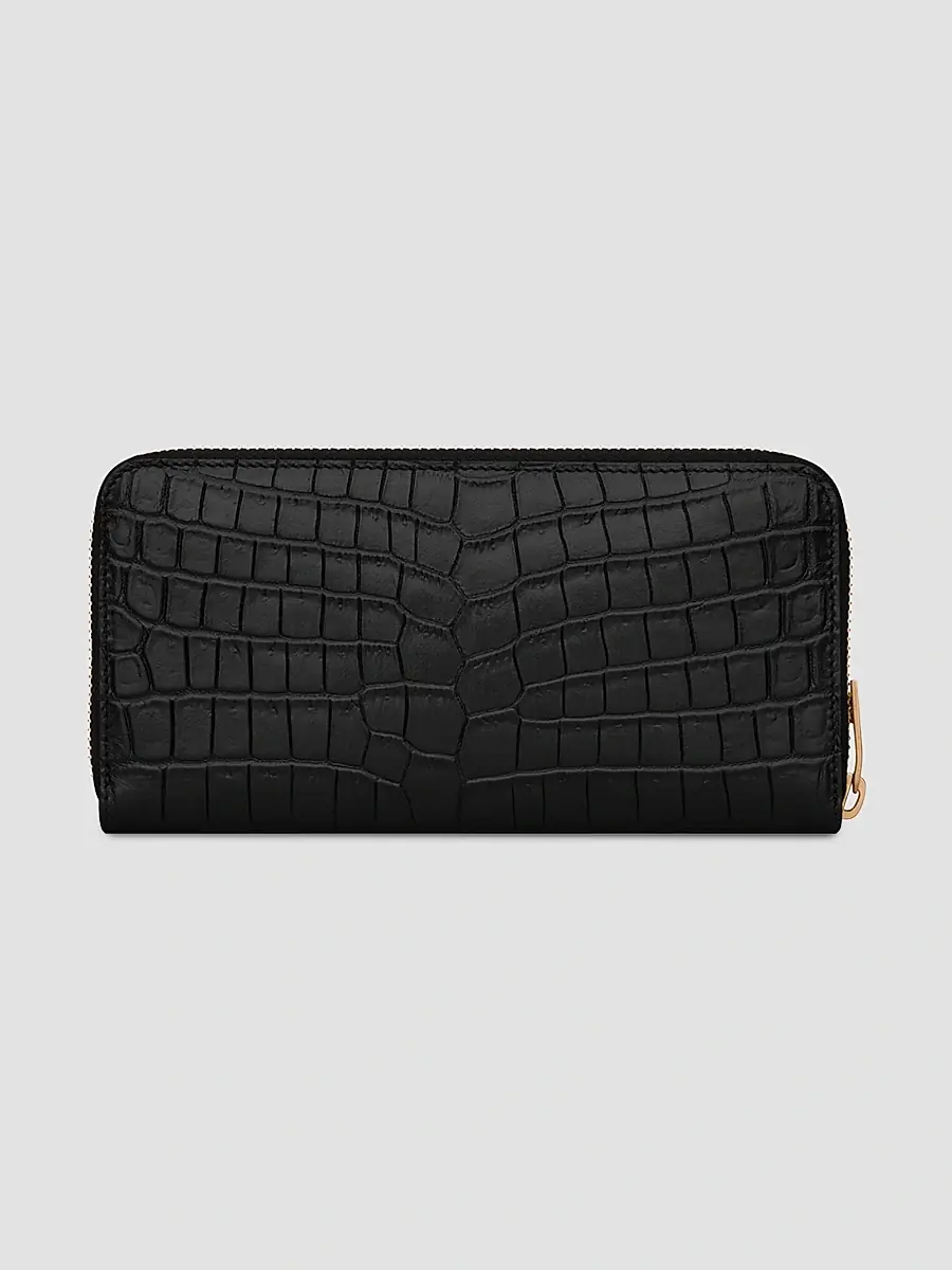 Saint Laurent Men's Tiny Cassandre Zip-Around Wallet in Crocodile-Embossed Leather - Black | Thumbnail 3