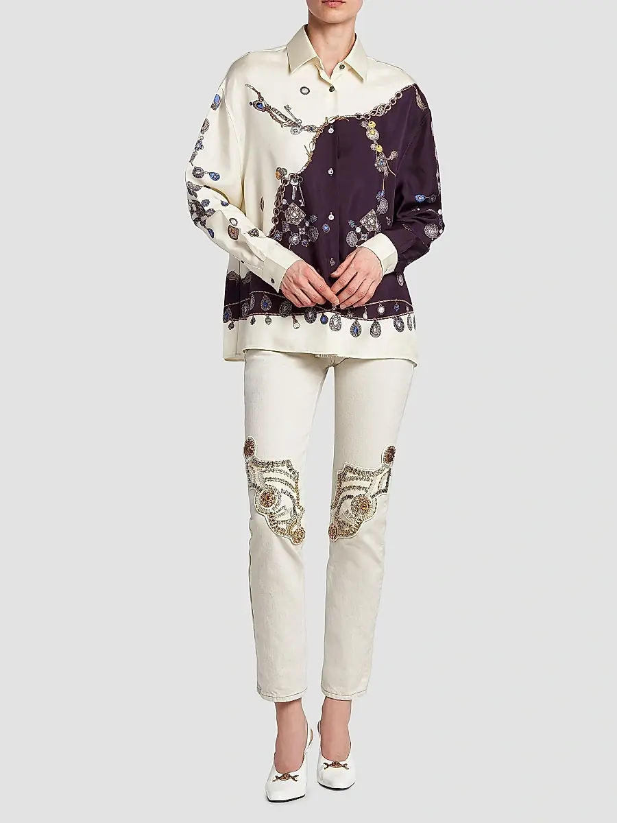 Versace Women's La Vacanza Stolen Jewels Print Silk Shirt | Thumbnail 2