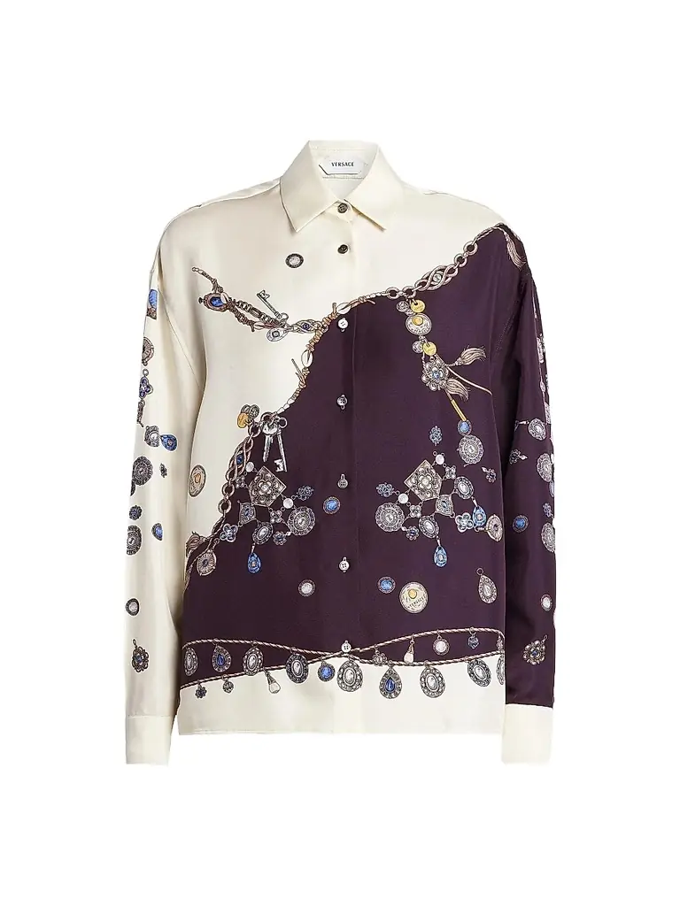 Versace Women's La Vacanza Stolen Jewels Print Silk Shirt - Burgundy White Gold - Size 6 | Image 1 Versace Women's La Vacanza Stolen Jewels Print Silk Shirt - Burgundy White Gold - Size 6 | Image 1