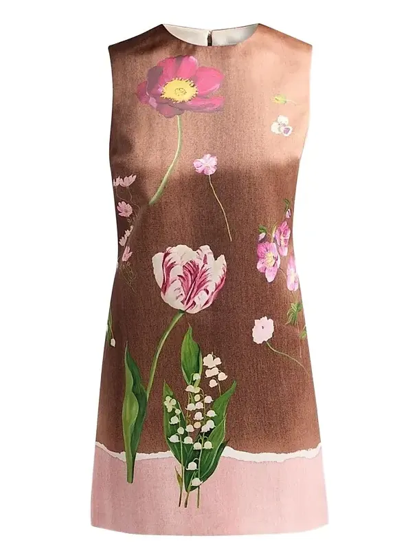 Women's Mixed Botanical Border Satin Sleeveless Mini Dress Women's Mixed Botanical Border Satin Sleeveless Mini Dress