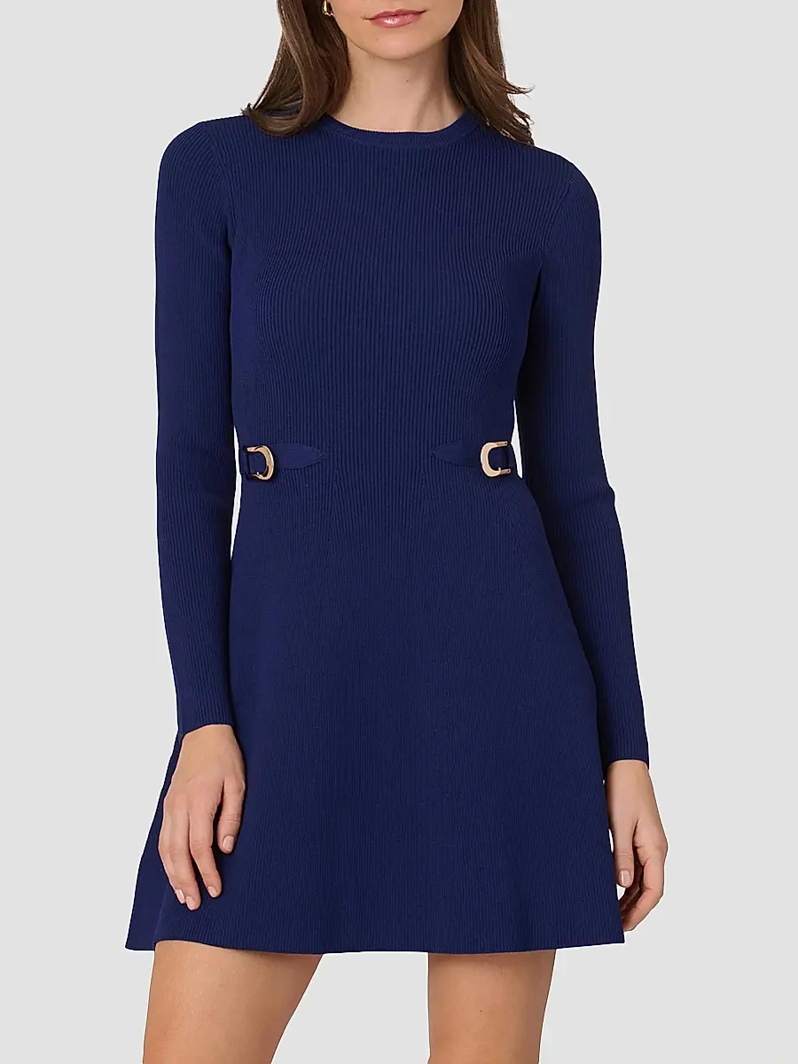 Shoshanna Women's Janice Buckle-Detailed Rib-Knit Fit & Flare Dress - Navy | Thumbnail 2 Shoshanna Women's Janice Buckle-Detailed Rib-Knit Fit & Flare Dress - Navy | Thumbnail 2