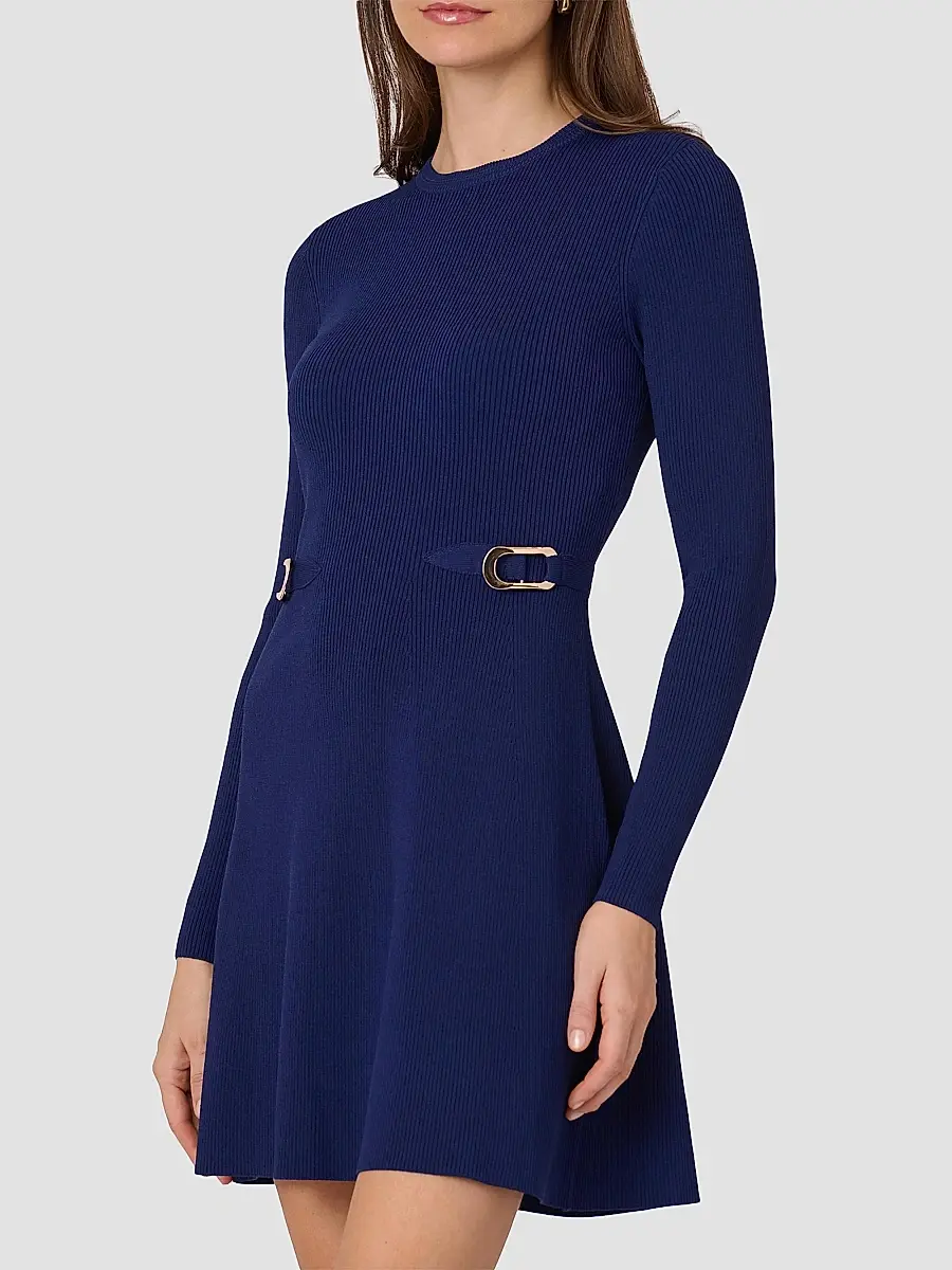 Shoshanna Women's Janice Buckle-Detailed Rib-Knit Fit & Flare Dress - Navy | Thumbnail 3 Shoshanna Women's Janice Buckle-Detailed Rib-Knit Fit & Flare Dress - Navy | Thumbnail 3
