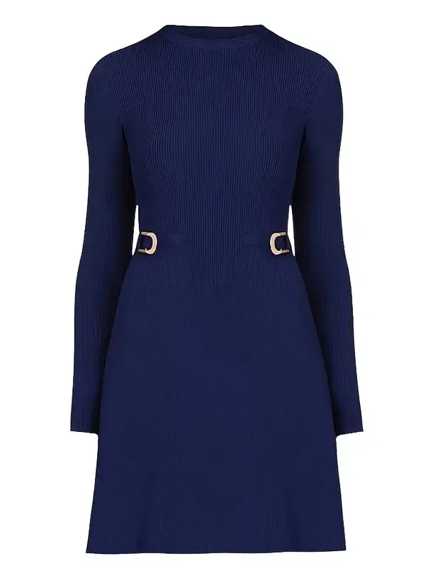 Women's Janice Buckle-Detailed Rib-Knit Fit & Flare Dress - Navy Women's Janice Buckle-Detailed Rib-Knit Fit & Flare Dress - Navy