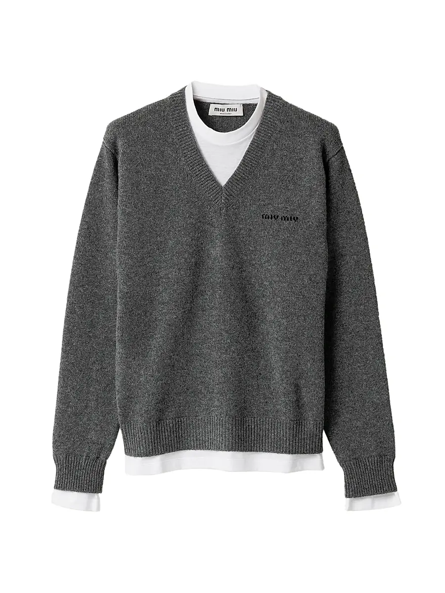 Miu Miu Women's Cashmere V-Neck Sweater - Grey - Size 8 | Image 1 Miu Miu Women's Cashmere V-Neck Sweater - Grey - Size 8 | Image 1