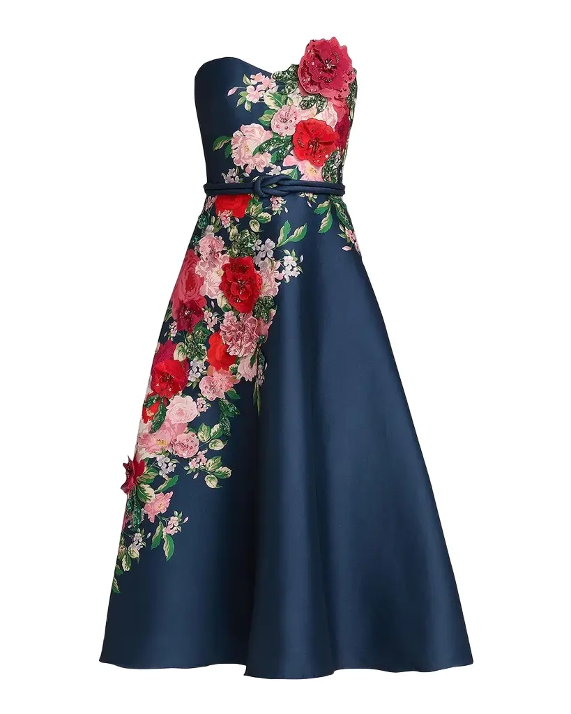 BADGLEY MISCHKA Strapless Floral-Print Satin Midi Dress | Image 1 BADGLEY MISCHKA Strapless Floral-Print Satin Midi Dress | Image 1