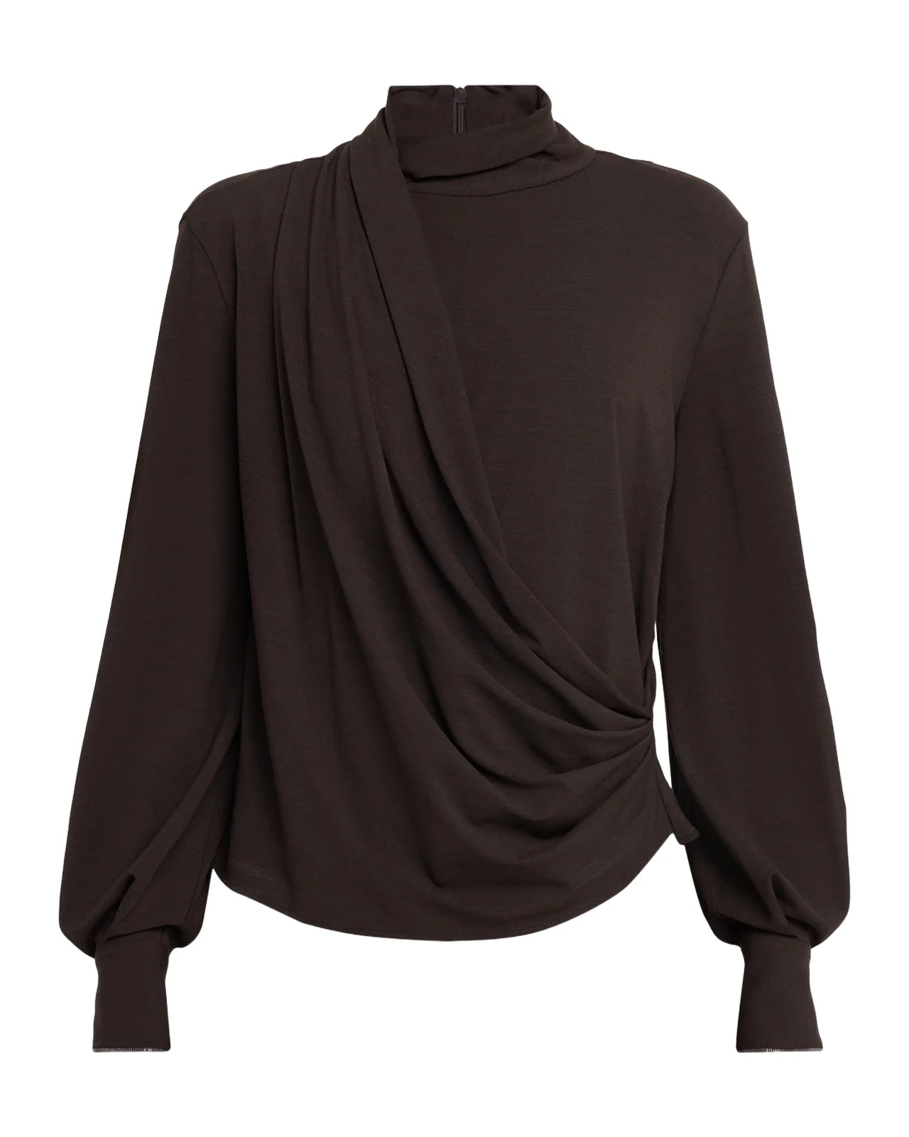 Brunello Cucinelli Turtleneck Draped Long-Sleeve Blouse