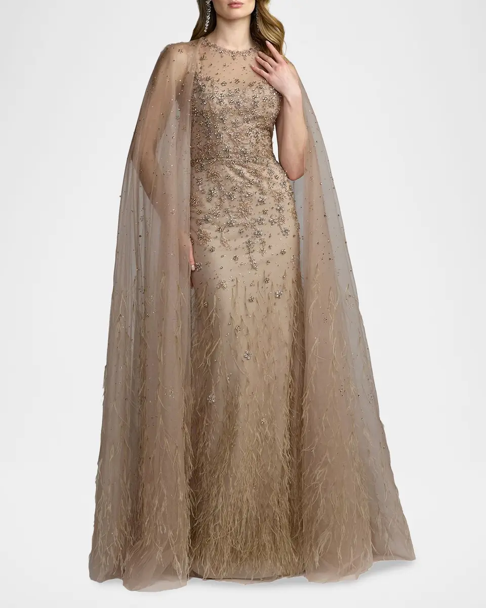 Mac Duggal Crystal-Embellished Feather Cape Column Gown | Thumbnail 2