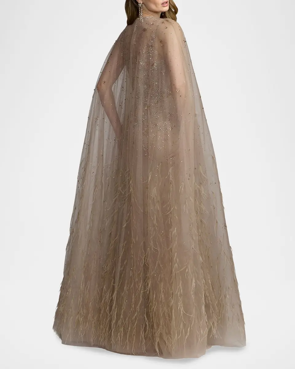 Mac Duggal Crystal-Embellished Feather Cape Column Gown | Thumbnail 3