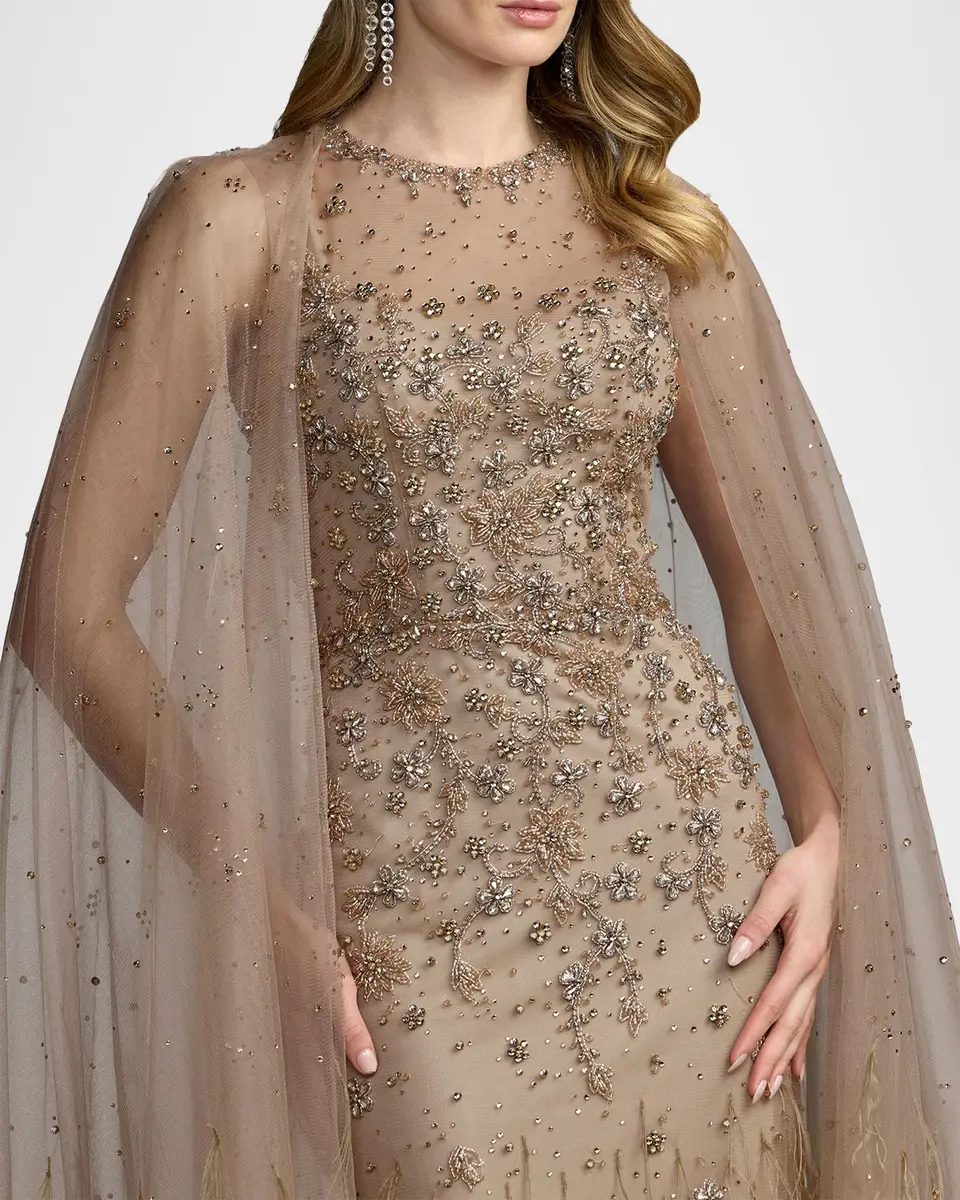 Mac Duggal Crystal-Embellished Feather Cape Column Gown | Thumbnail 4