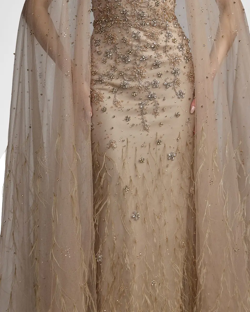 Mac Duggal Crystal-Embellished Feather Cape Column Gown | Thumbnail 5