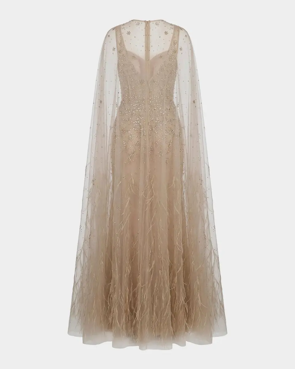 Mac Duggal Crystal-Embellished Feather Cape Column Gown | Thumbnail 6
