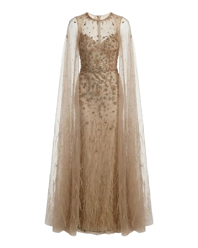 Mac Duggal Crystal-Embellished Feather Cape Column Gown