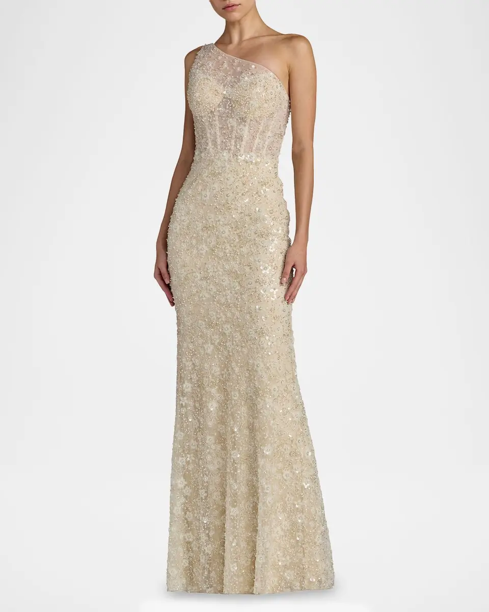 Mac Duggal Sequined Floral Mesh One-Shoulder Trumpet Gown | Thumbnail 2