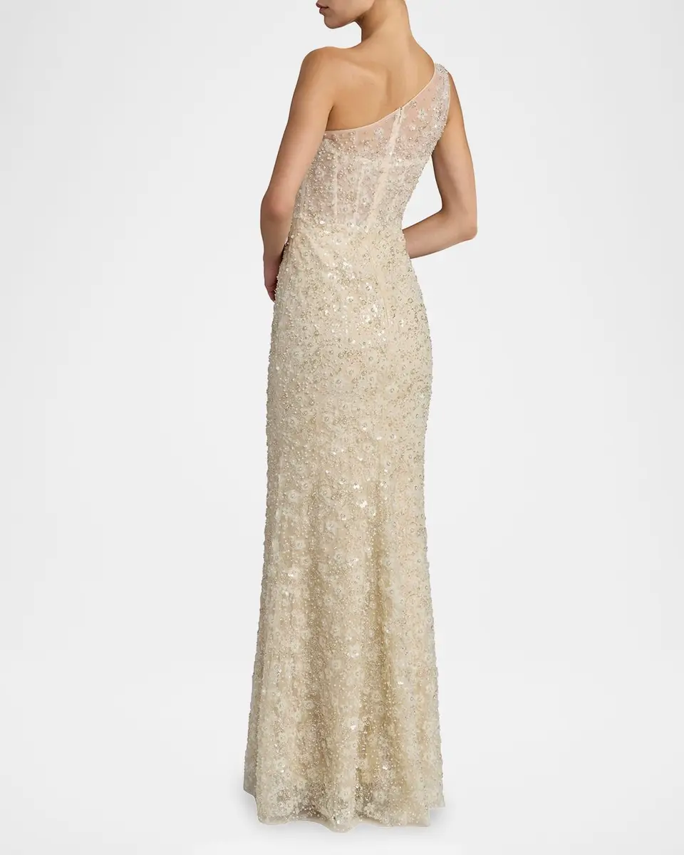 Mac Duggal Sequined Floral Mesh One-Shoulder Trumpet Gown | Thumbnail 3