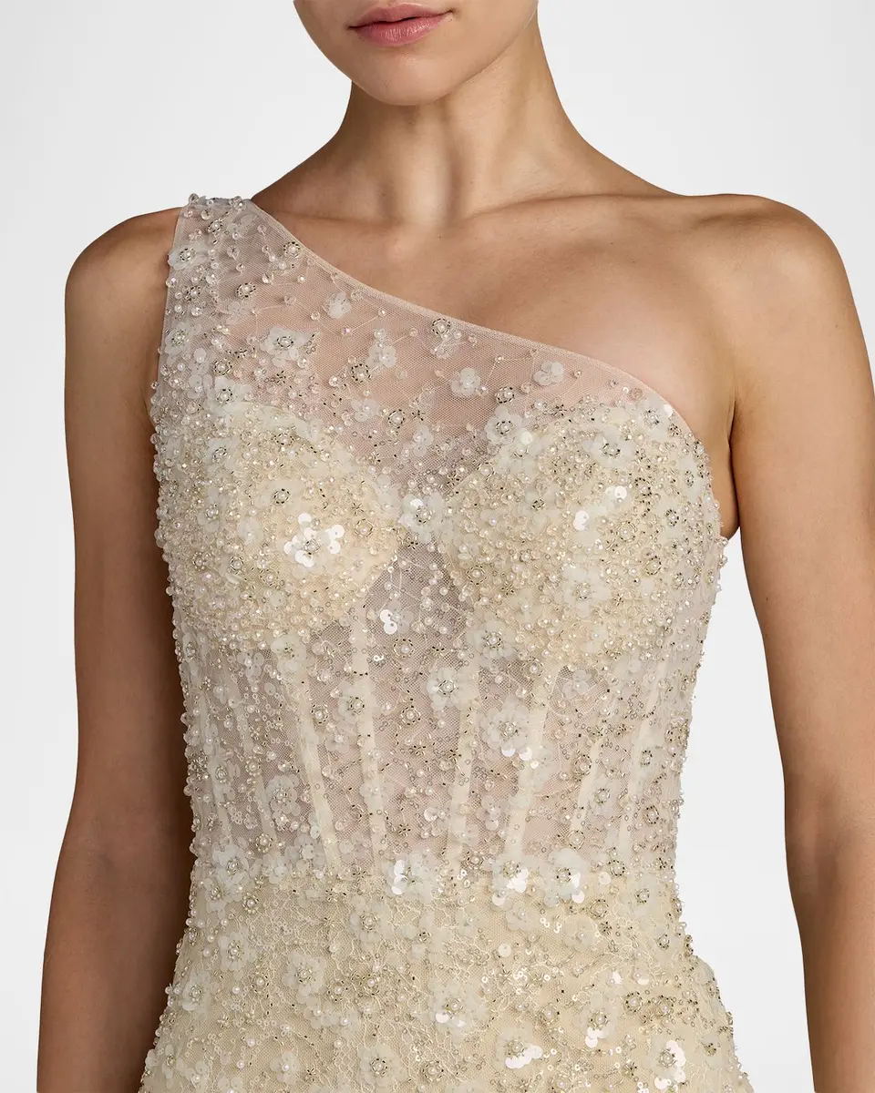 Mac Duggal Sequined Floral Mesh One-Shoulder Trumpet Gown | Thumbnail 4