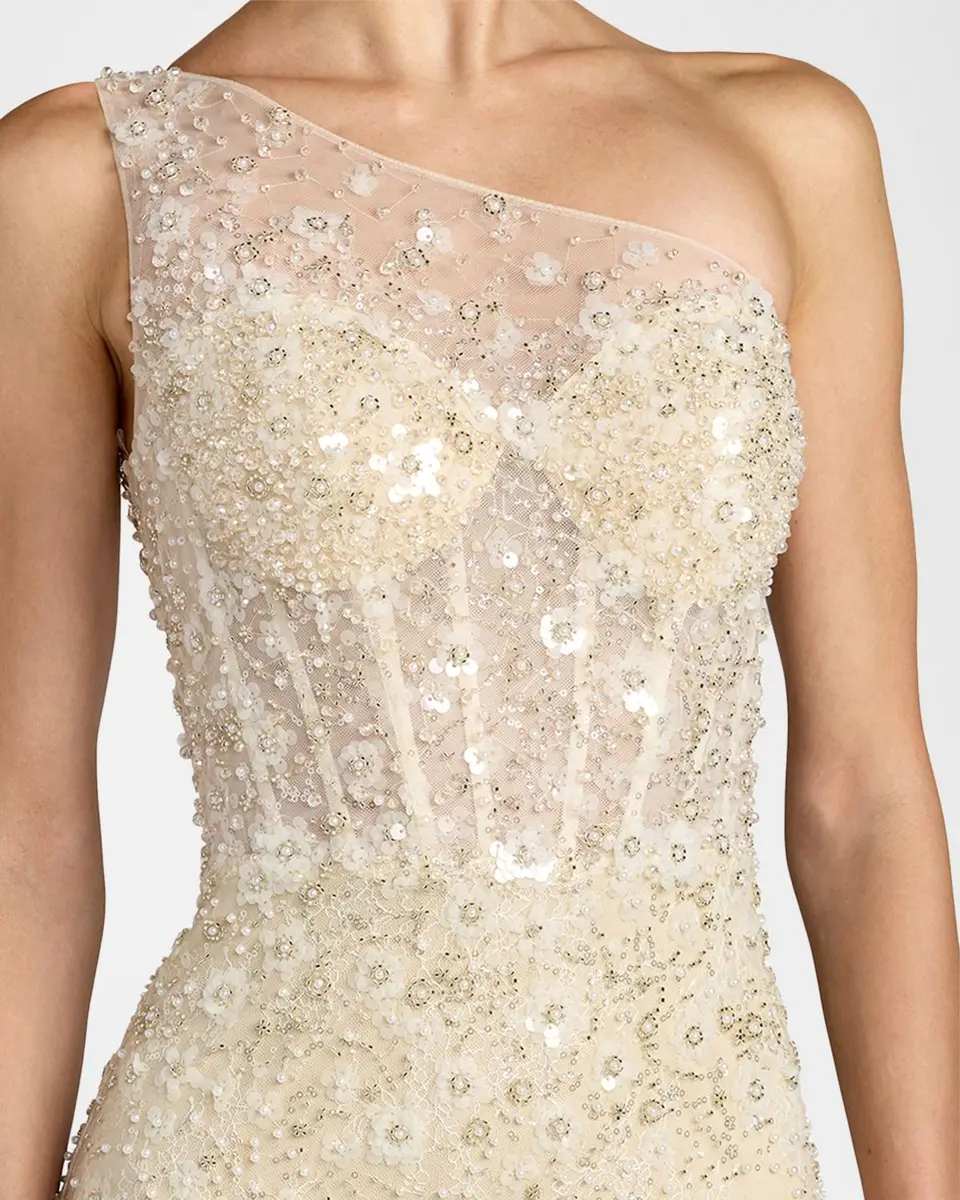 Mac Duggal Sequined Floral Mesh One-Shoulder Trumpet Gown | Thumbnail 5